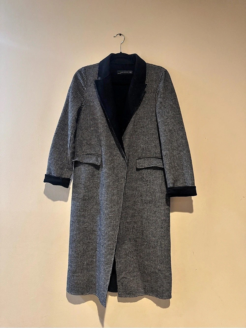 Zara Houndstooth Textured Coat with Contrast Lapel